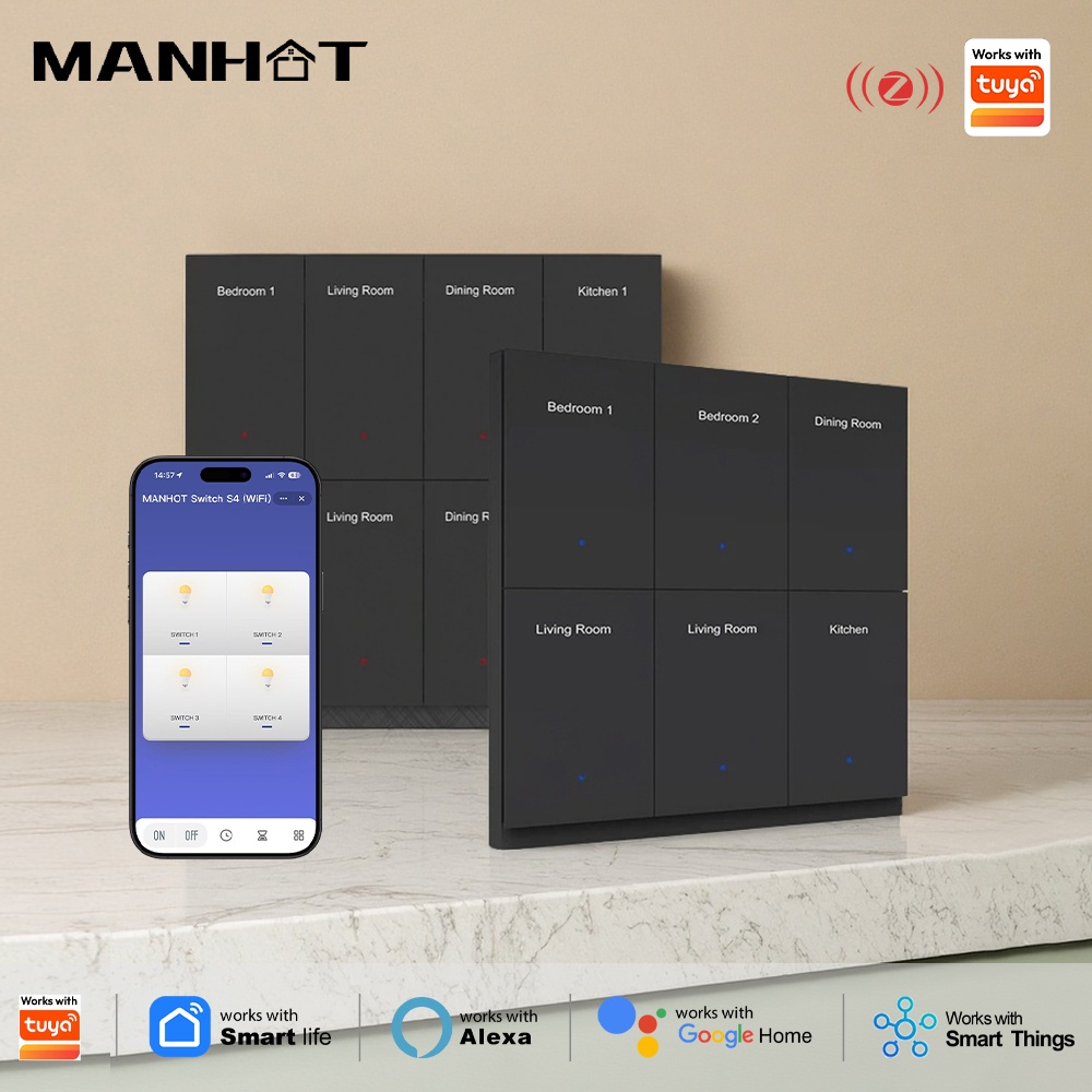 Smart Home Voice Control - Manhot DIYネームスイッチZigbeeスマートディスプレイ画面ブラックプッシュボタンライトスイッチ、Tuya、Alexa、Google Homeの音声制御に対応