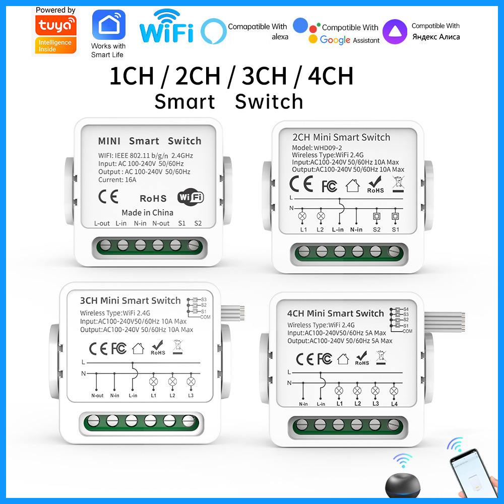 Smart Home Voice Control - Tuya WiFiスマートスイッチ 1/2/3/4連 4ウェイ ミニスマートライトブレーカー スマートライフ、アレクサ、グーグルホームの音声制御に対応