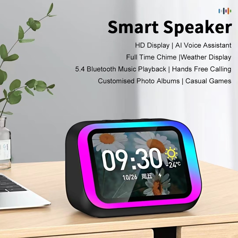 Smart Home Voice Control - AI音声アシスタント Bluetoothスピーカー RGBカラー照明付き目覚まし時計 LEDスクリーン天気時計表示 電子スピーカー