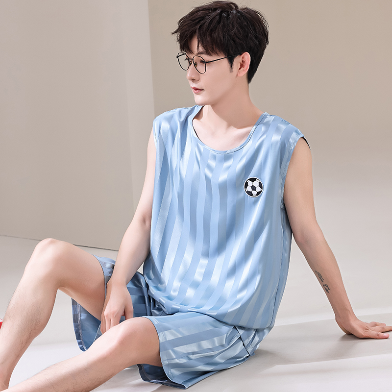 Smart Home Plus - 夏の男性パジャマアイスシルクパジャマセットカジュアルノースリーブパジャマパジャマナイト Pijamas プラスサイズ 4XL 5XL ホームスーツ