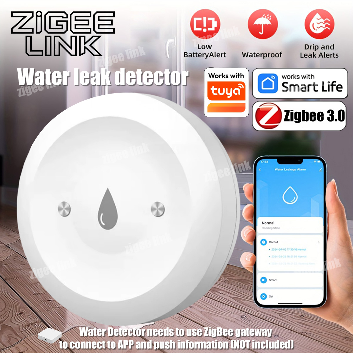 Smart Home Zentrale - ZigBee 3.0 水センサー スマート漏水検知器 洪水漏水検知アラーム Tuya