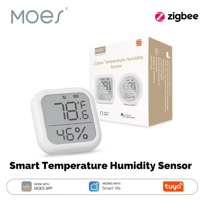 Smart Home Zentrale - MOES Tuya ZigBee スマートホーム温度および湿度センサー LED スクリーン付き、Google
