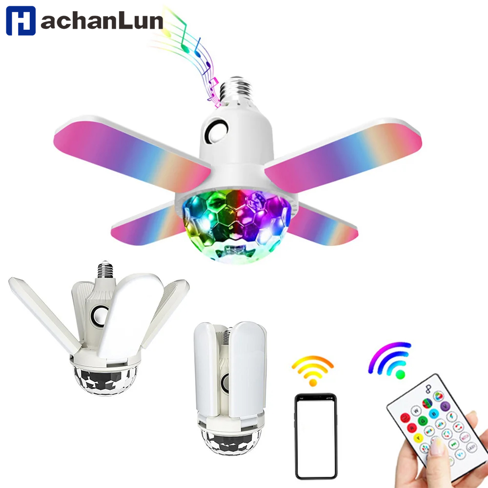 Voice Control Light Bulb - E27 LED 電球ファン四つ葉ブレード音楽ランプ Bluetooth スピーカー折りたたみ LED
