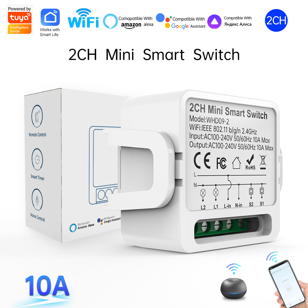Smart Home Voice Control - 2ウェイTuyaスマートスイッチ2連スマートライトブレーカー、スマートライフ、Alexa、Google Homeの音声制御に対応
